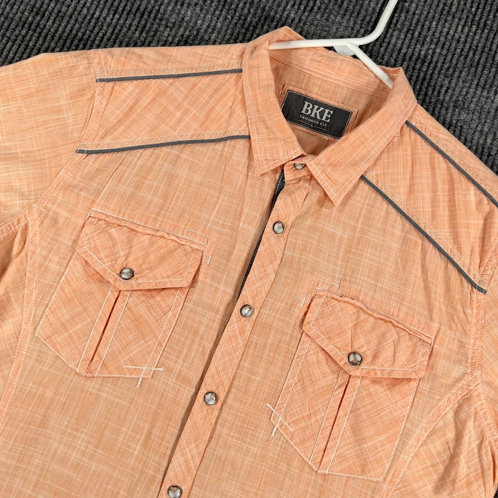 BKE Shirt Mens Large Orange Short Sleeve Pearl Snap Pockets Tailored Fit